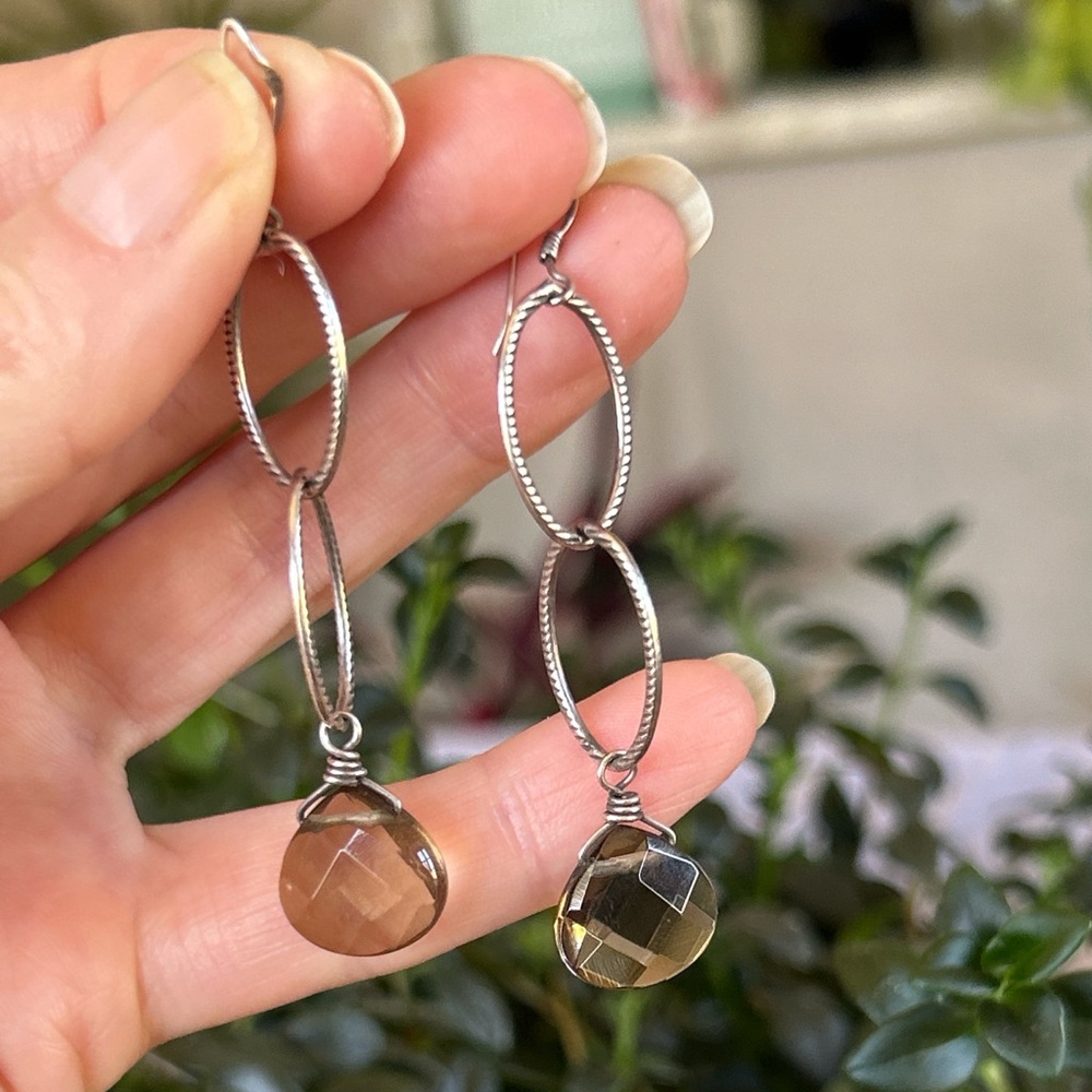 Sterling Silver Dangle Earrings with Genuine Smoky Quartz